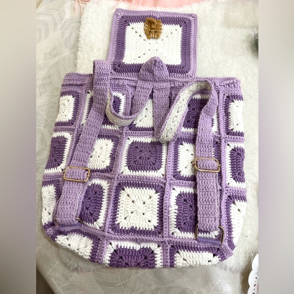 Purple and White Crochet Cat Design Backpack - Picture 8 of 8